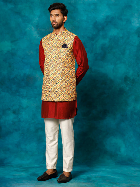 Vastramay Men's Mustard Geometric Printed Nehru Jacket With Curved Kurta And Pant Set